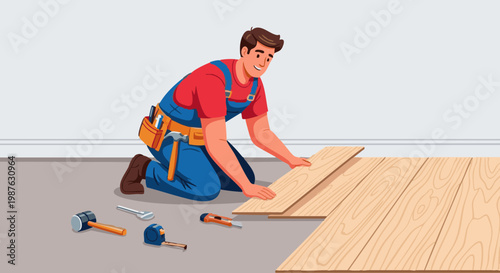 Handyman installing wooden laminate flooring during home renovation
