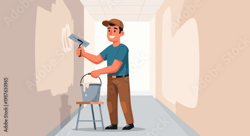 Smiling worker plastering wall in hallway. Handyman doing home renovation or repair with plaster and trowel. Vector illustration