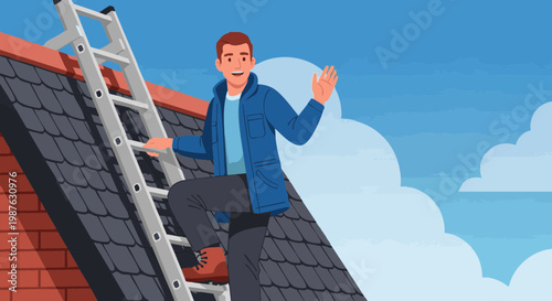 Smiling man on roof ladder waving. Young professional climbing house roof for repair or inspection