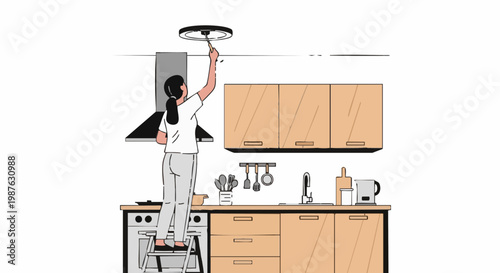 Independent woman on ladder installing ceiling light fixture in modern kitchen