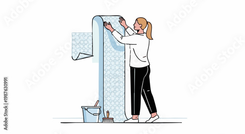 Woman applying patterned wallpaper to wall. Home renovation and DIY project concept. Minimalist vector illustration