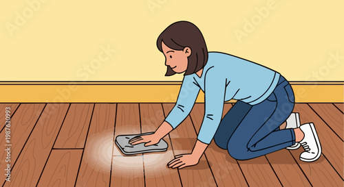 Woman cleaning wooden floor by hand. Housekeeping and domestic chores illustration