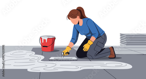 Woman leveling floor with notched trowel during renovation project