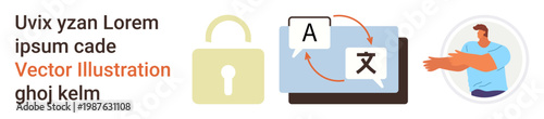 Language translation, online security, secure communication, multilingual learning, data privacy, technology. Lock icon, text translation symbols and a person gesturing. Language translation