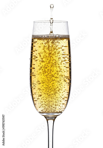 Top-down view of a crystal champagne flute with golden sparkling wine and effervescent bubbles on a transparent background. Concept for beverage advertising