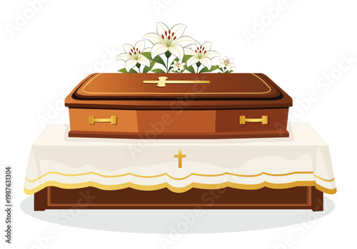 Coffin with lilies on a white background. Brown coffin with flowers