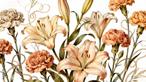 Watercolor Illustration of Lilies and Carnations