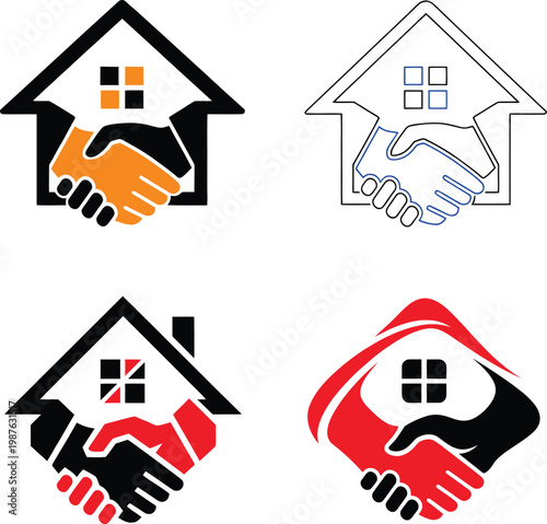 A professional collection of real estate logos featuring houses combined with handshake symbols, representing trust, partnership, and property deals. Perfect for realtors, property agencies, construct