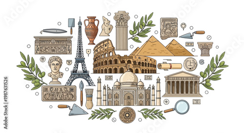 Overhead shot of iconic world landmarks like the Eiffel Tower and the Colosseum arranged with olive branches in a flat lay composition against a clean white background, creating a detailed