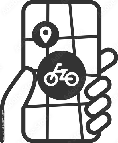 自転車での配送状況確認のアイコン（線画）のイラスト