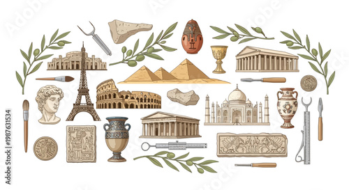 Overhead flat lay showcases hand-drawn historical landmarks like the Colosseum, Eiffel Tower, and Taj Mahal, along with olive branches against a white backdrop in a vintage style