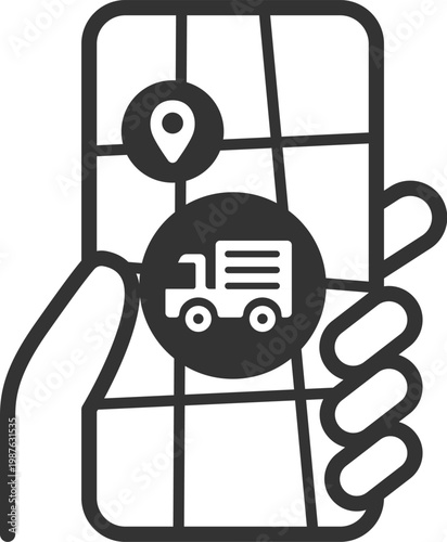 トラックでの配送状況確認のアイコン（線画）のイラスト