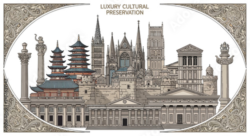 Detailed vector illustration showcasing a diverse collection of famous architectural landmarks from around the world, presented in a decorative frame with intricate ornamentation
