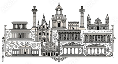 A detailed architectural illustration showcases various historical buildings and structures in a monochromatic palette, arranged horizontally with ornate embellishments and a clean white