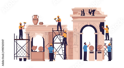 Illustrated scene of construction workers restoring an antique archway structure with pottery artifacts, set against a clean white background and incorporating scaffolding and tools