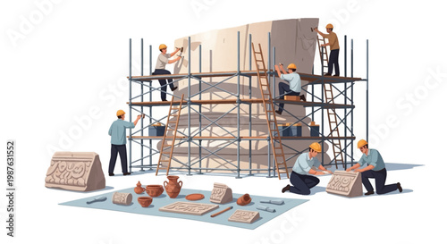 Illustrated scene of construction workers on scaffolding repairing and restoring a large stone structure, with pottery shards and carved stones laid out on a white background