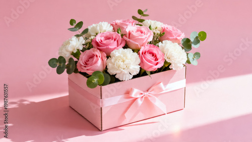 Pink Floral Arrangement in Gift Box on Pastel Background
