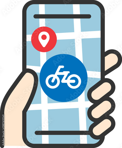 自転車での配送状況確認のアイコン（線画カラー）のイラスト