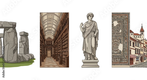 Illustrative rendering showcases four global landmarks—Stonehenge, a vintage library, a classical sculpture, and an ornate building—arranged side-by-side against a stark white backdrop