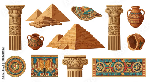 Detailed vector illustration featuring Egyptian pyramids, ornate columns, pottery, and decorative borders arranged against a white background, exhibiting a warm color palette