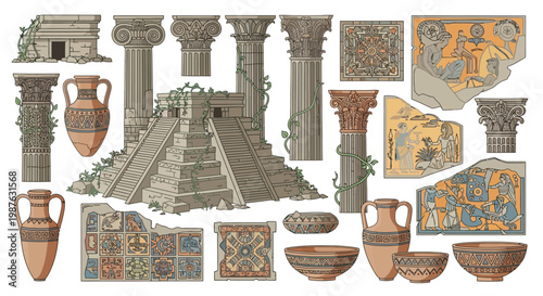 Detailed vector illustration showcases ancient civilization artifacts, including Mayan pyramids, decorated columns, and earthenware pottery, arranged in a flat lay composition