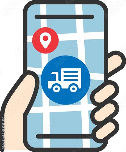 トラックでの配送状況確認のアイコン（線画カラー）のイラスト