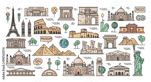 Flat lay illustration showcasing world landmarks in a colorful and minimalist style, including the Eiffel Tower, Taj Mahal, Colosseum, and Statue of Liberty against a clean white