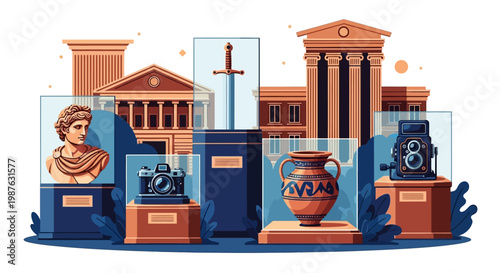 Illustration showcasing an assortment of historical artifacts, including a bust, sword, vase, and cameras, displayed in glass cases against a white background evoking a sense of history
