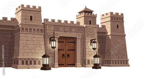 A detailed illustration of a fortified stone gatehouse with two flanking towers and hanging lanterns, rendered in a warm, neutral color palette against a stark white background