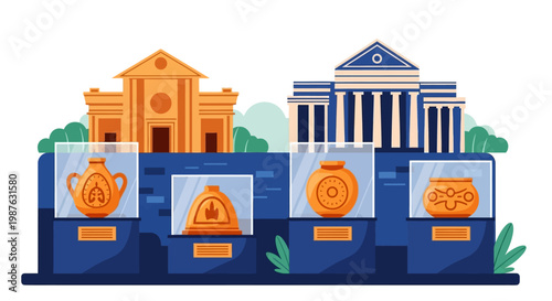 Illustration depicting two classical-style buildings with ancient pottery displayed in glass cases against a white background, rendered in a flat, cartoon style with a warm, earthy color