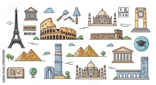 Flat lay illustration showcasing global landmarks like the Eiffel Tower and Taj Mahal, along with archeological tools and a graduation cap, set against a clean white background