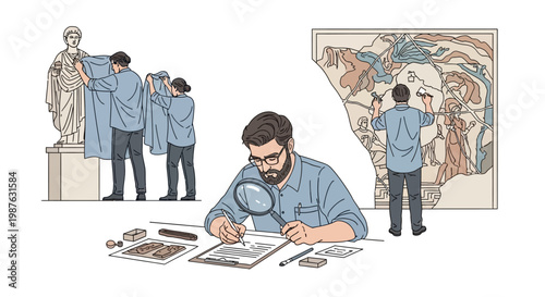 Illustration of a man in glasses carefully examining a document with a magnifying glass, while two others drape a classical sculpture and another marks a detailed map against a clean white