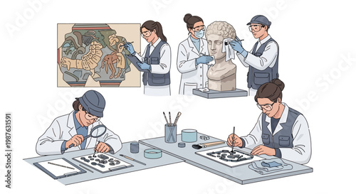 Detailed illustration of archaeologists meticulously restoring artifacts, including a bust and mosaic pieces, in a well-lit laboratory setting with a focus on preservation and historical