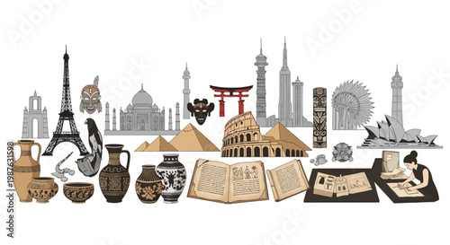 Detailed vector illustration featuring world landmarks and ancient artifacts against a clean white backdrop, rendered in a muted grayscale palette with subtle shadows, evoking a sense