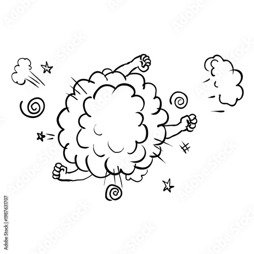 Drawing sketch style illustration of a cloud of dust with human fist punching fighting on isolated background done in black and white line art.