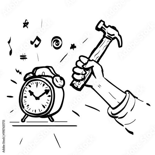 Drawing sketch style illustration of a hand with hammer striking an alarm clock on isolated background done in black and white line art.
