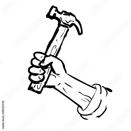 Drawing sketch style illustration of a hand with hammer ready to strike on isolated background done in black and white line art.