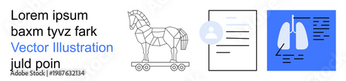 Cybersecurity, identity verification, medical diagnostics, data security, healthcare, online authentication. Polygonal Trojan horse, user profile lungs medical chart. Cybersecurity and identity