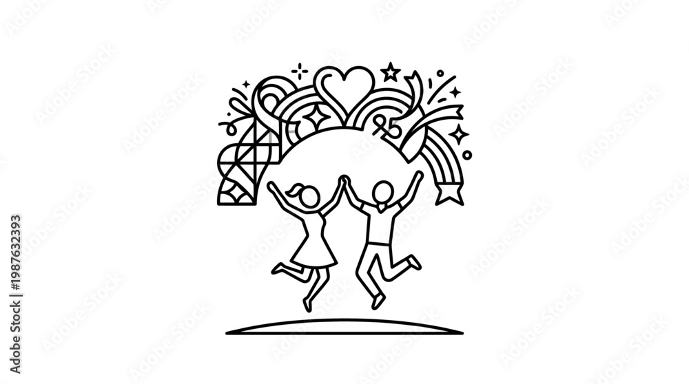 Fototapeta premium Joyful Couple Jumping with Celebration Elements