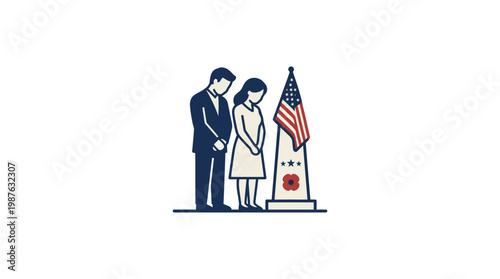 Mourning Couple at War Memorial with American Flag
