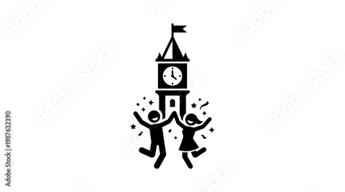 Joyful Couple Celebrating Under Tower Clock