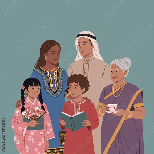 Diverse family in traditional clothing standing.