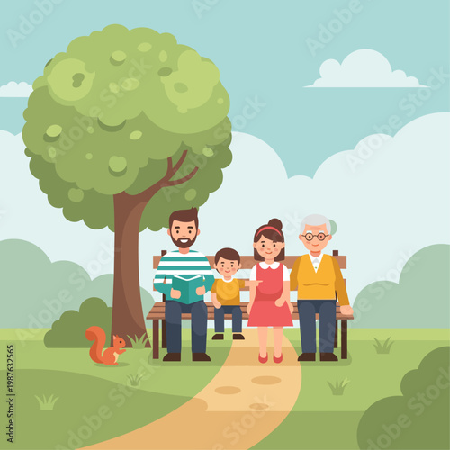 Family sitting on a path together.