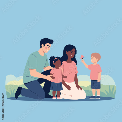 Interracial family with two children outdoors.