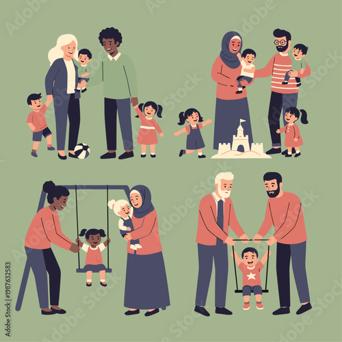 Diverse family and childcare group scene.