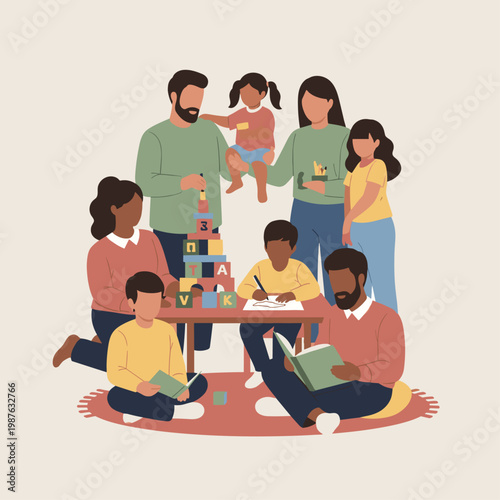 Diverse family with children playing together.