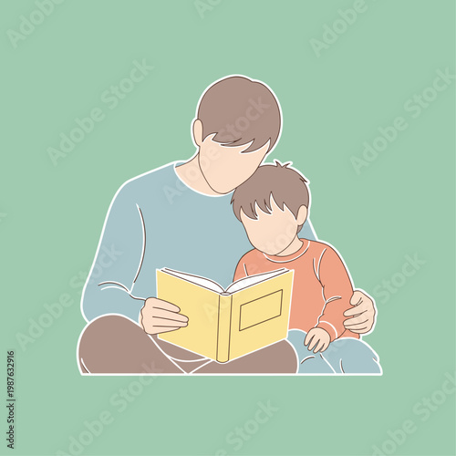 Man reading book with young boy.
