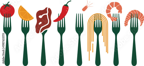 Minimal food fork vector set featuring eight culinary ingredients on dark green utensils in modern horizontal layout illustration