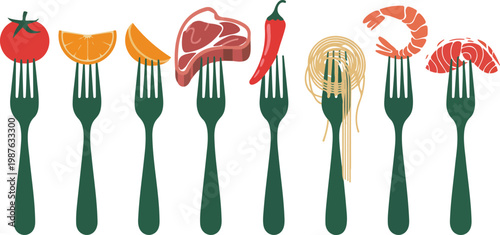 Minimal food fork vector set featuring eight culinary ingredients on dark green utensils in modern horizontal layout illustration