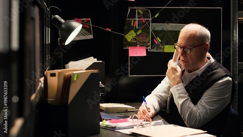 Φωτογραφία Police officer using landline phone in incident room, sharing important information about case suspect